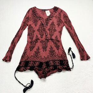 P.S. Erin Wasson Boho Geometric Romper Womens Size M Red Long Sleeve Tassel